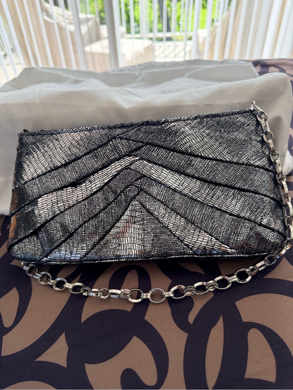Kate Landry Silver Metallic Evening Clutch with Chain